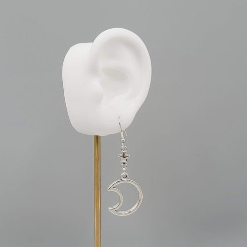 Crescent Moon Stars Pierced Earrings Open Work Silver tone Dangle 1.75"