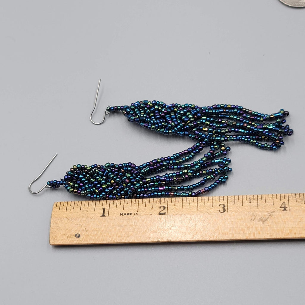 Pierced Earrings AB Black Seed Bead Long Dangle 3"
