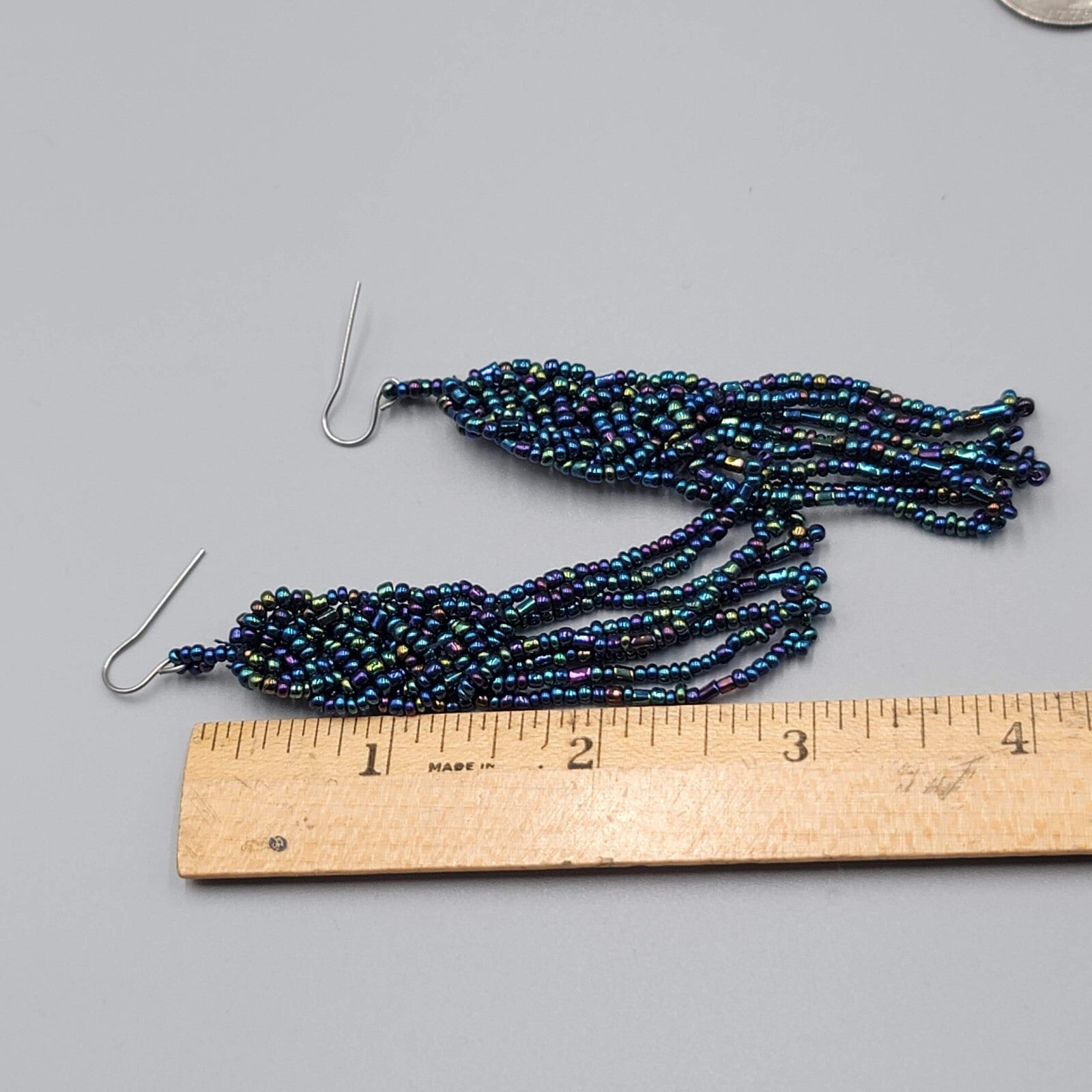 Pierced Earrings AB Black Seed Bead Long Dangle 3"