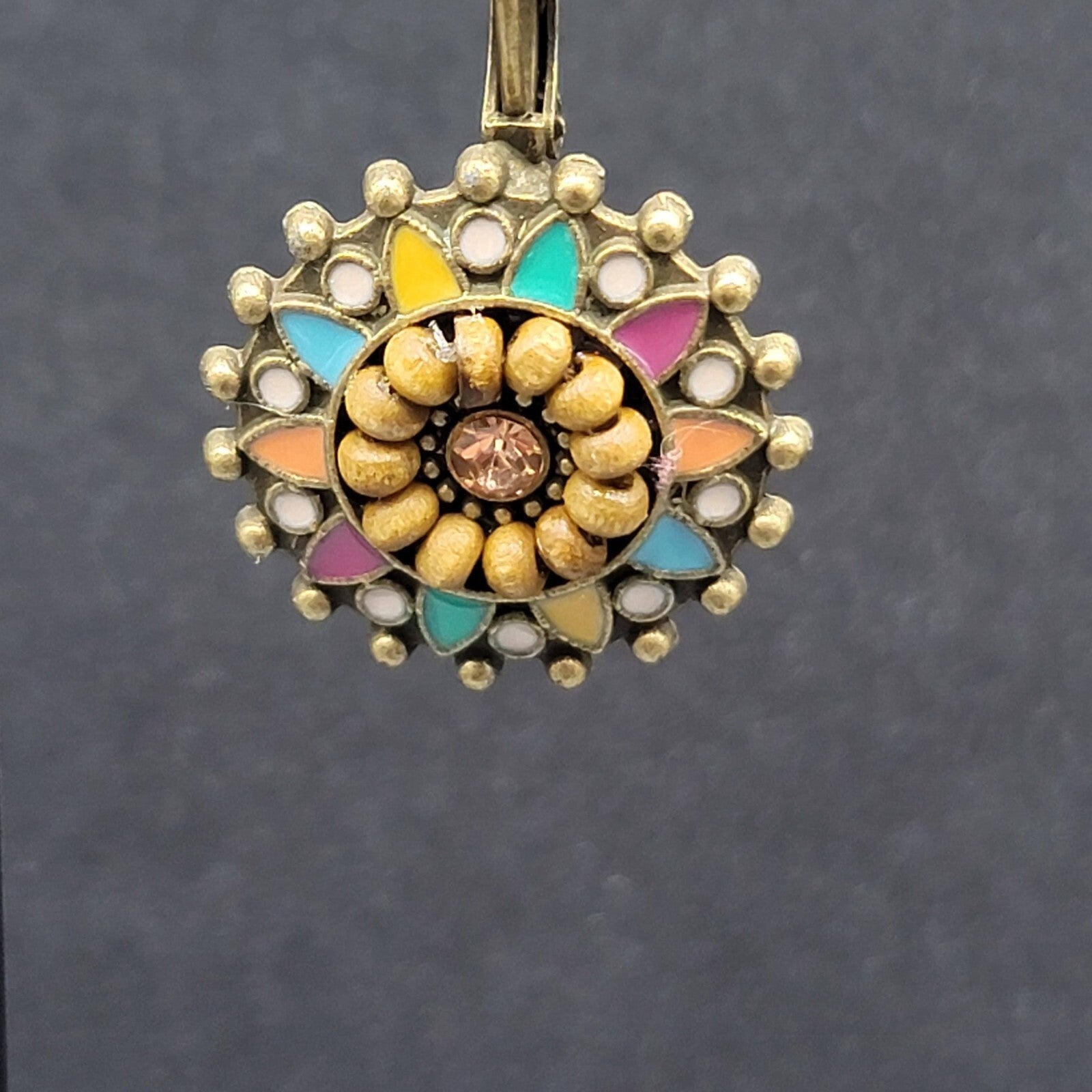 New Boho Pierced Earrings Bronze tone Medallion Enamel Wood Bead 1"