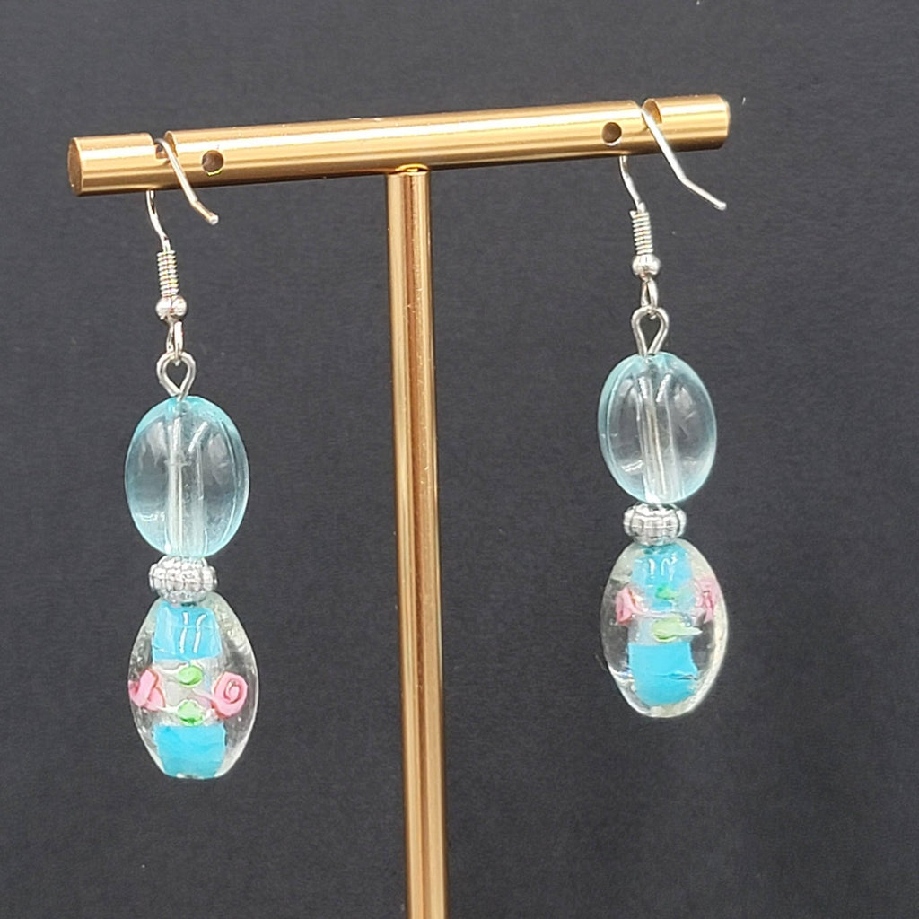 Blue Flower Art Glass Bead Pierced Earrings Silver tone Dangle 1.5"