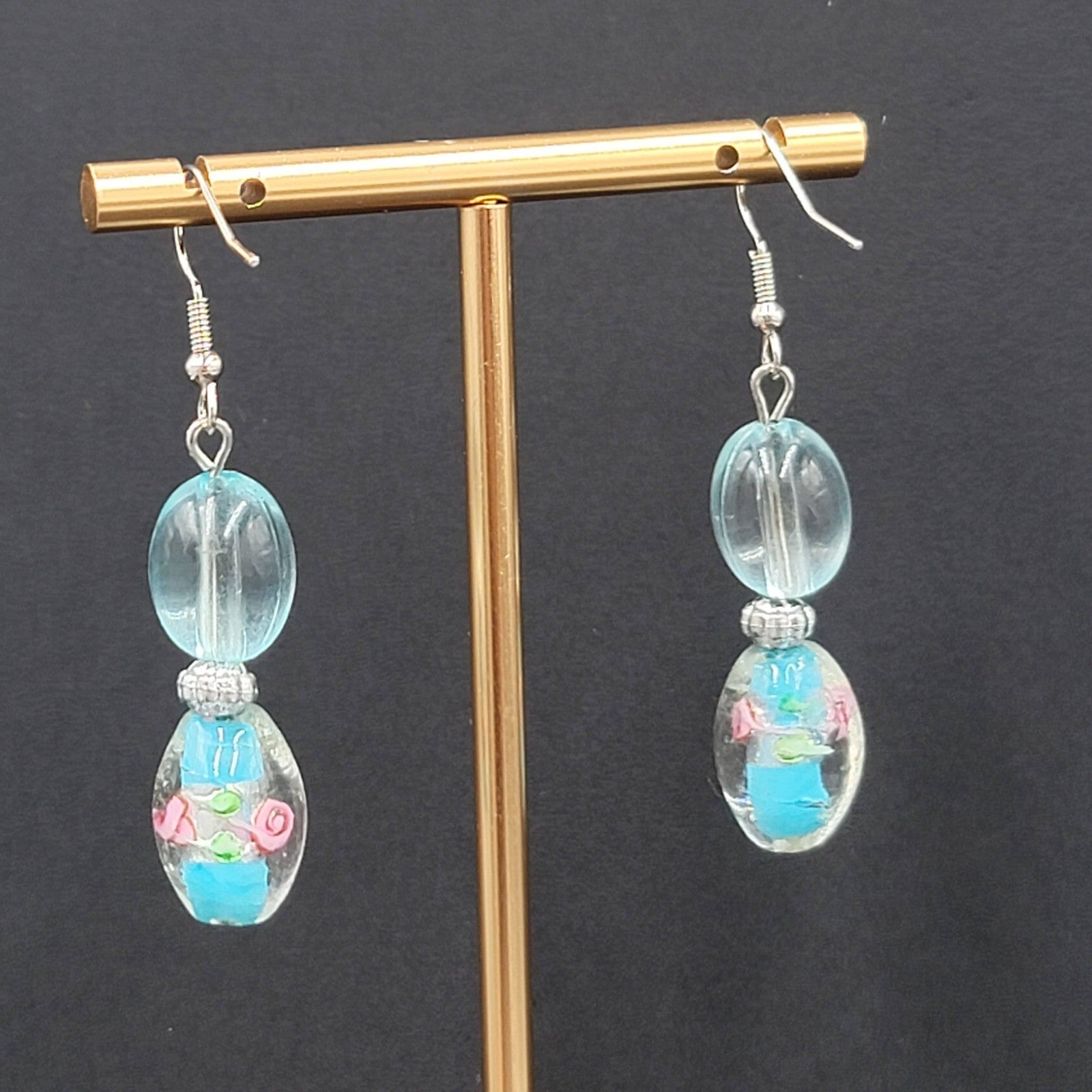 Blue Flower Art Glass Bead Pierced Earrings Silver tone Dangle 1.5"