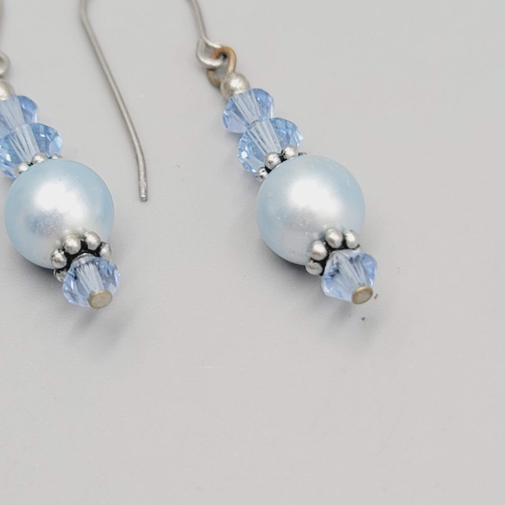 Satin Blue Bead Pierced Earrings Silver tone Dangle 1 1/8"