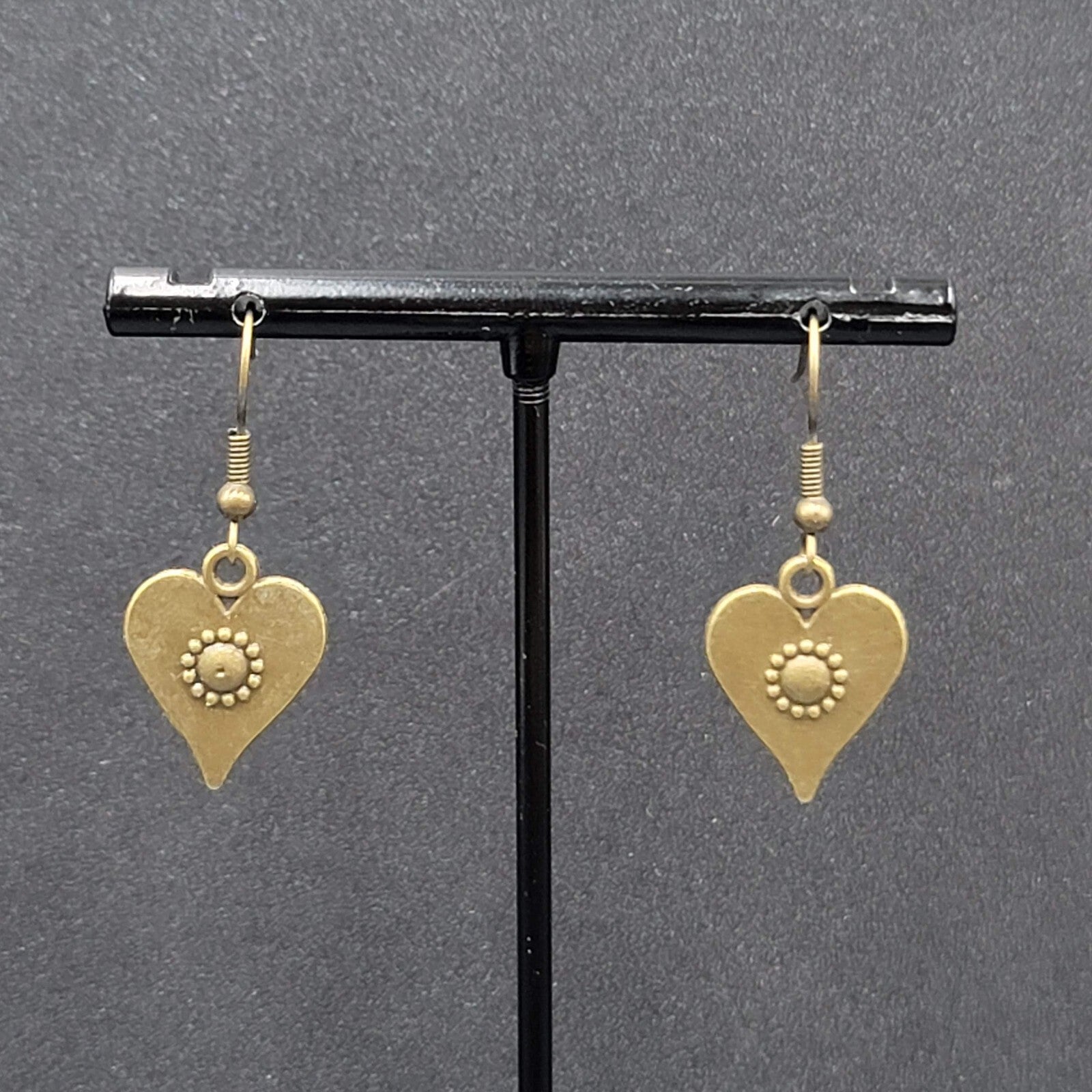 Heart Pierced Earrings Bronze tone Embossed Dangle New 3/4"