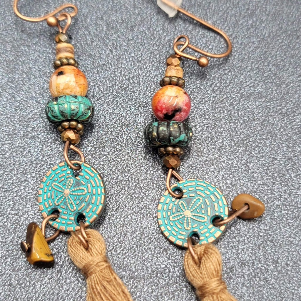 New Boho Pierced Earrings Long Copper tone Brown Tassel Beaded 3"