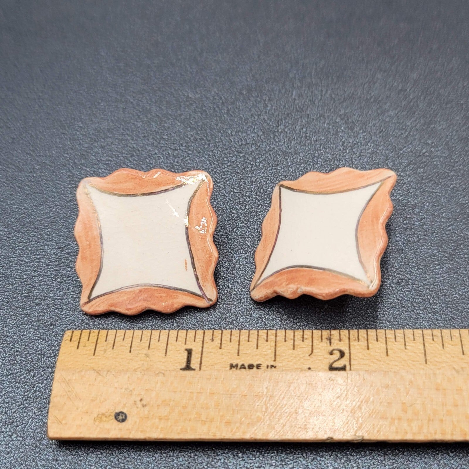 Vintage Pierced Earrings Ceramic Hand Painted Square Drop 1.25"