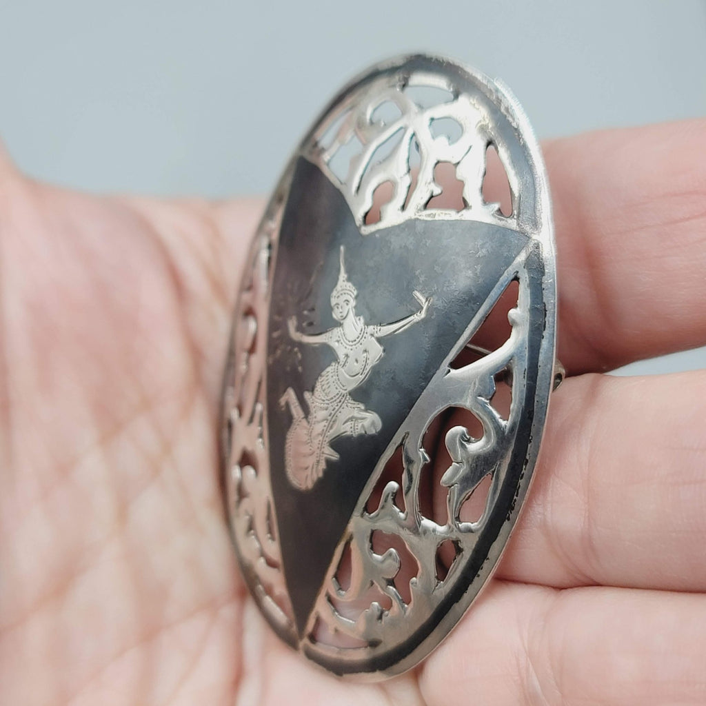 Vintage Siam Sterling Silver Nielloware Brooch Oval 2 1/4" x 1 5/8"