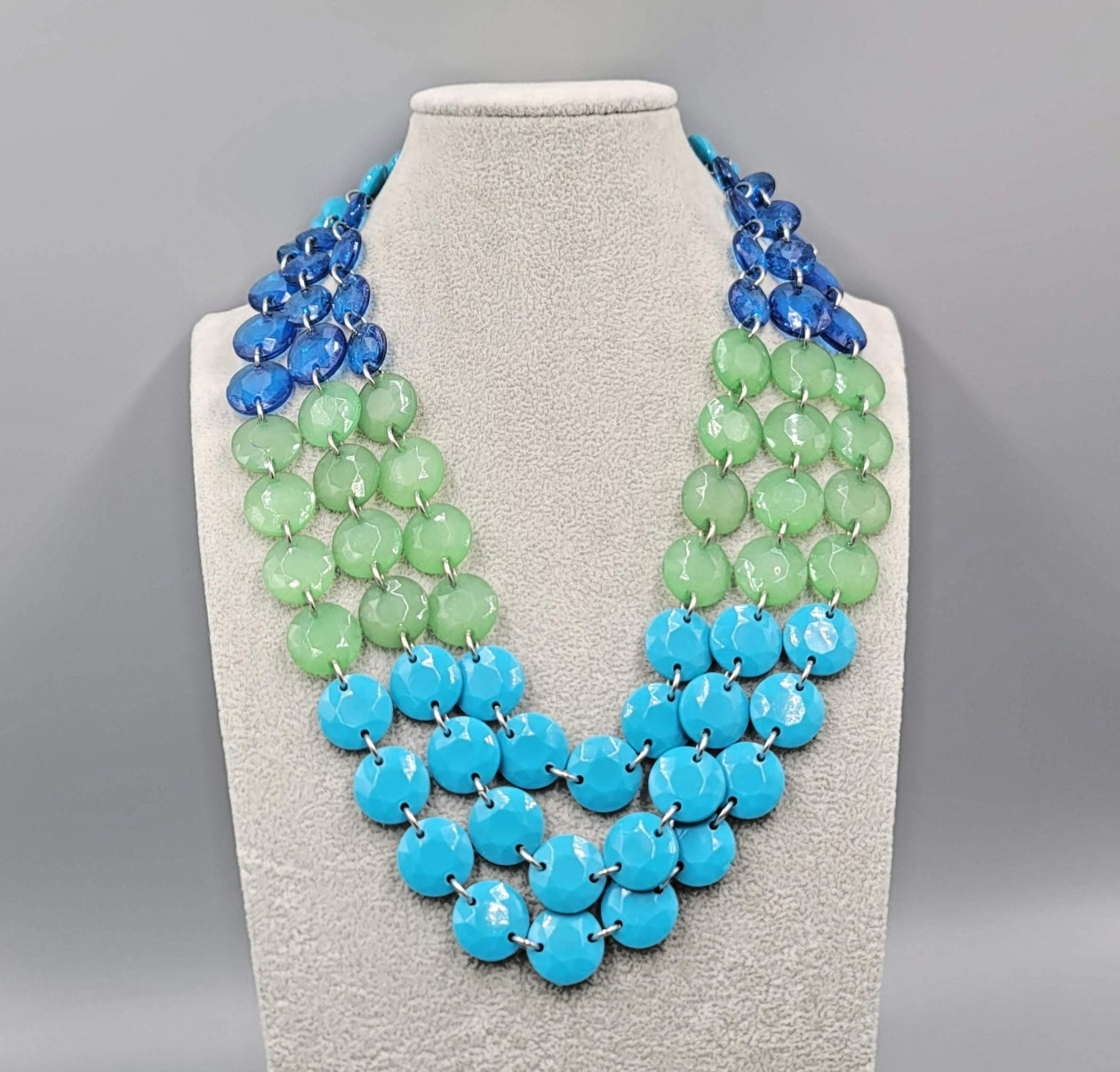 Large Triple Strand Blue Green Bead Necklace Statement 18"