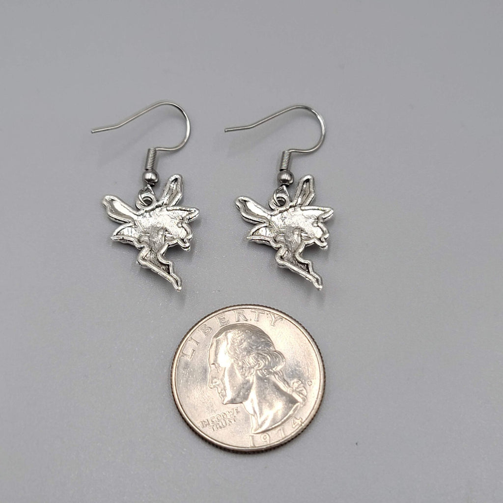 Fairy Pierced Earrings Embossed Silver tone Dangle 3/4"