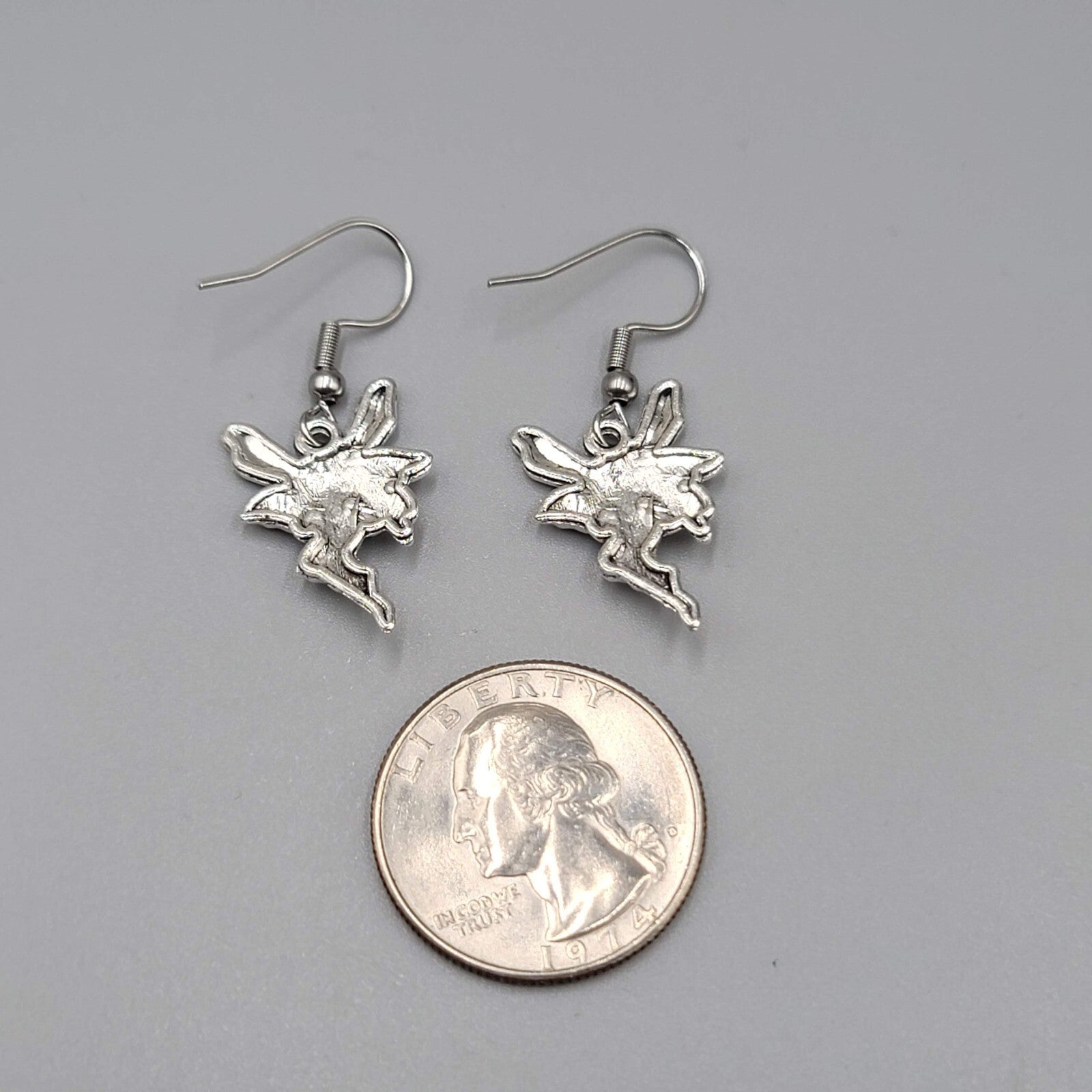 Fairy Pierced Earrings Embossed Silver tone Dangle 3/4"