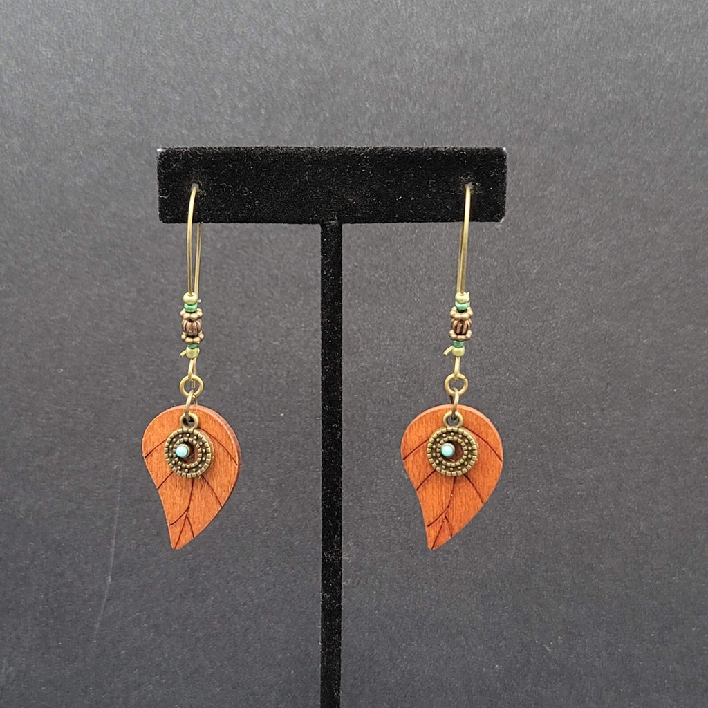 New Boho Pierced Earrings Gold tone Wood Leaf Beaded Dangle 2.75"