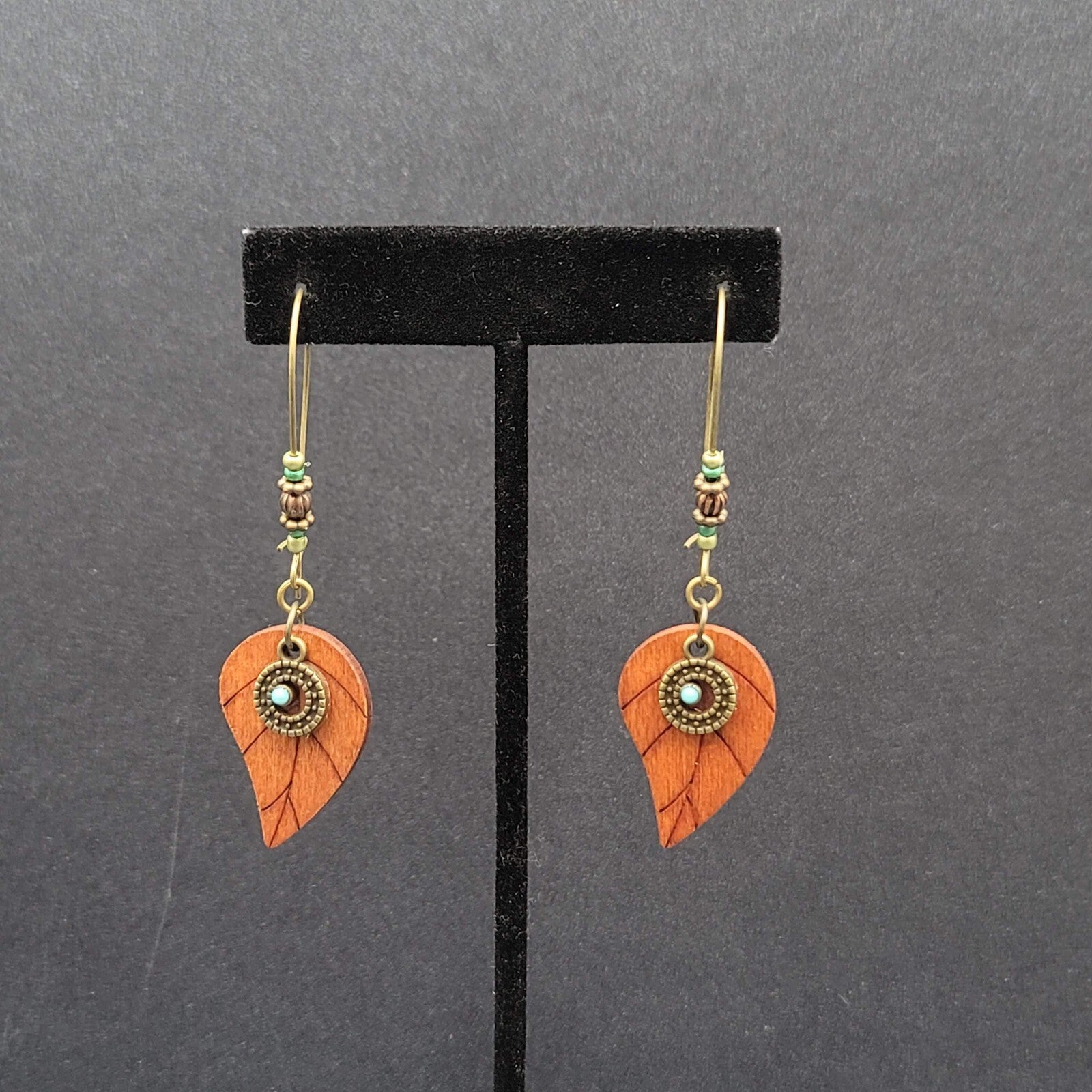 New Boho Pierced Earrings Gold tone Wood Leaf Beaded Dangle 2.75"