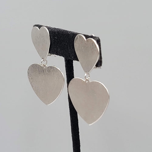Double Heart Clip on Earrings Textured Silver tone Dangle 1 5/8"
