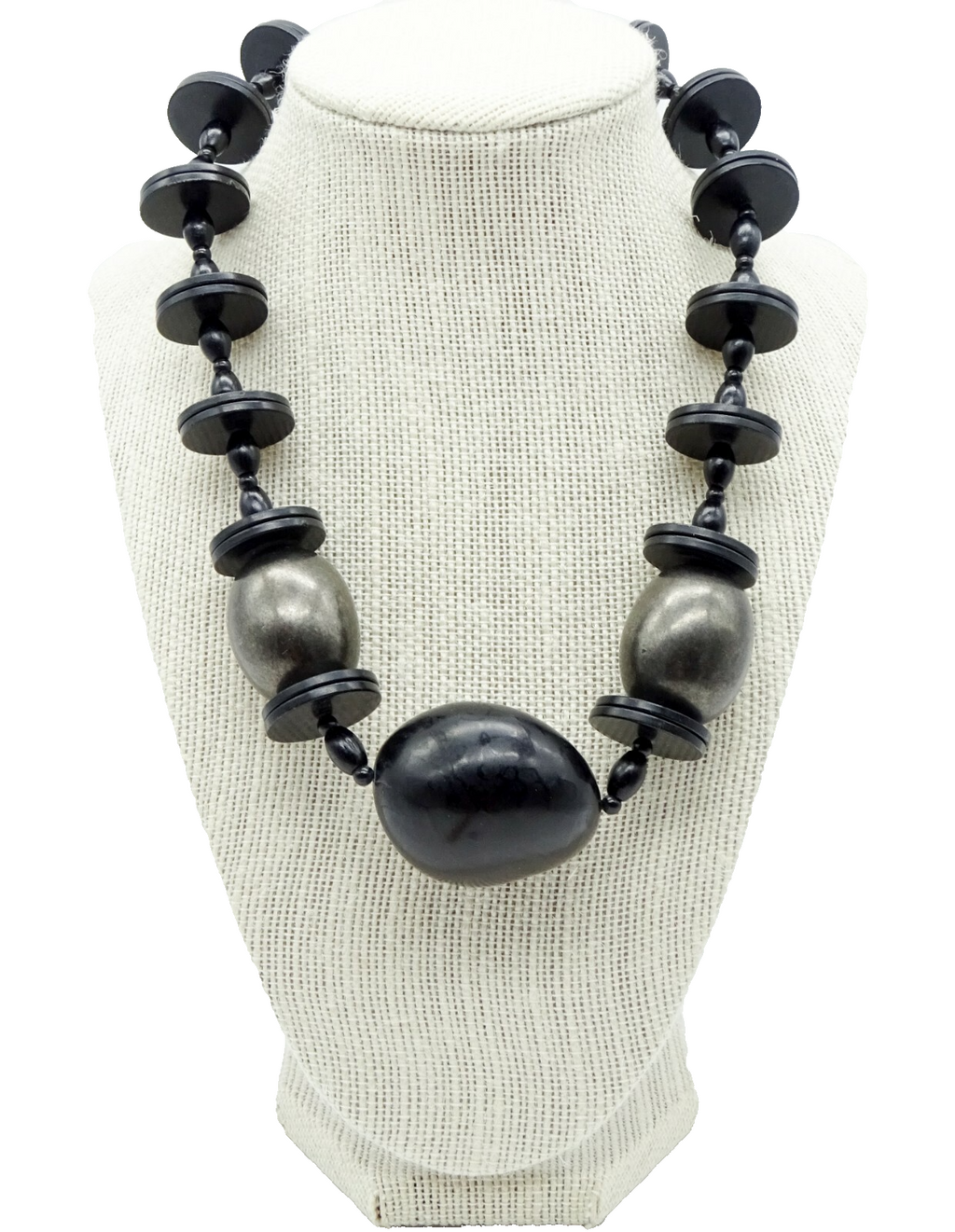 Vintage Black Large Black Beaded Necklace 19" Estate Costume Jewelry
