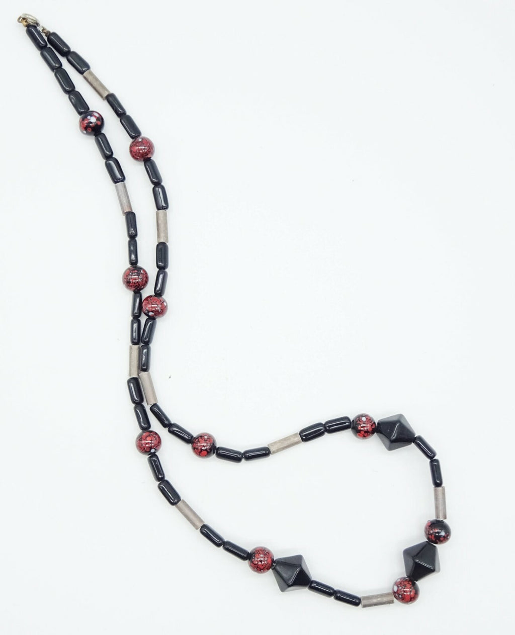 Vintage Beaded Necklace 24 in Estate Costume Jewelry Red Black Silver