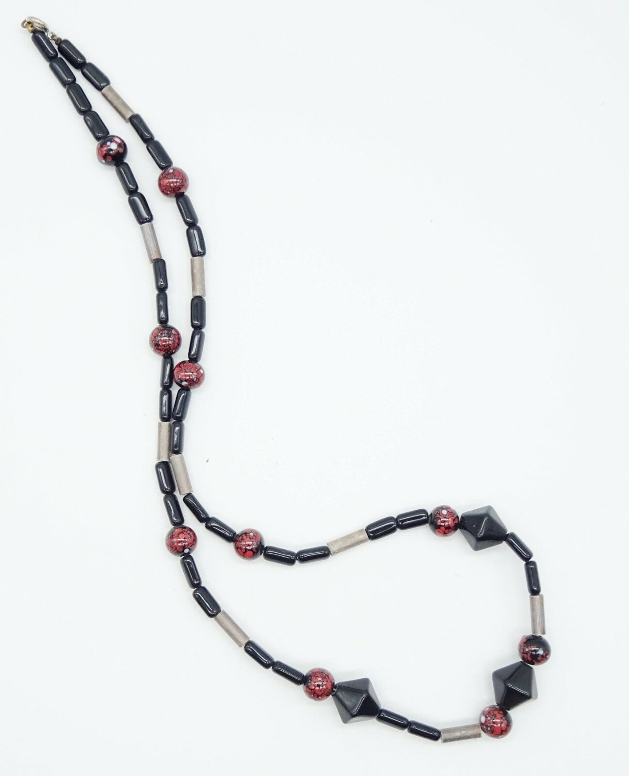 Vintage Beaded Necklace 24 in Estate Costume Jewelry Red Black Silver