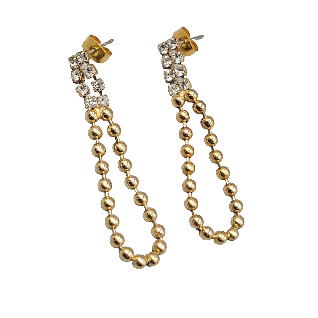 Vintage Dangle Ball Chain Pierced Earrings Rhinestone Gold tone Dangle 2"