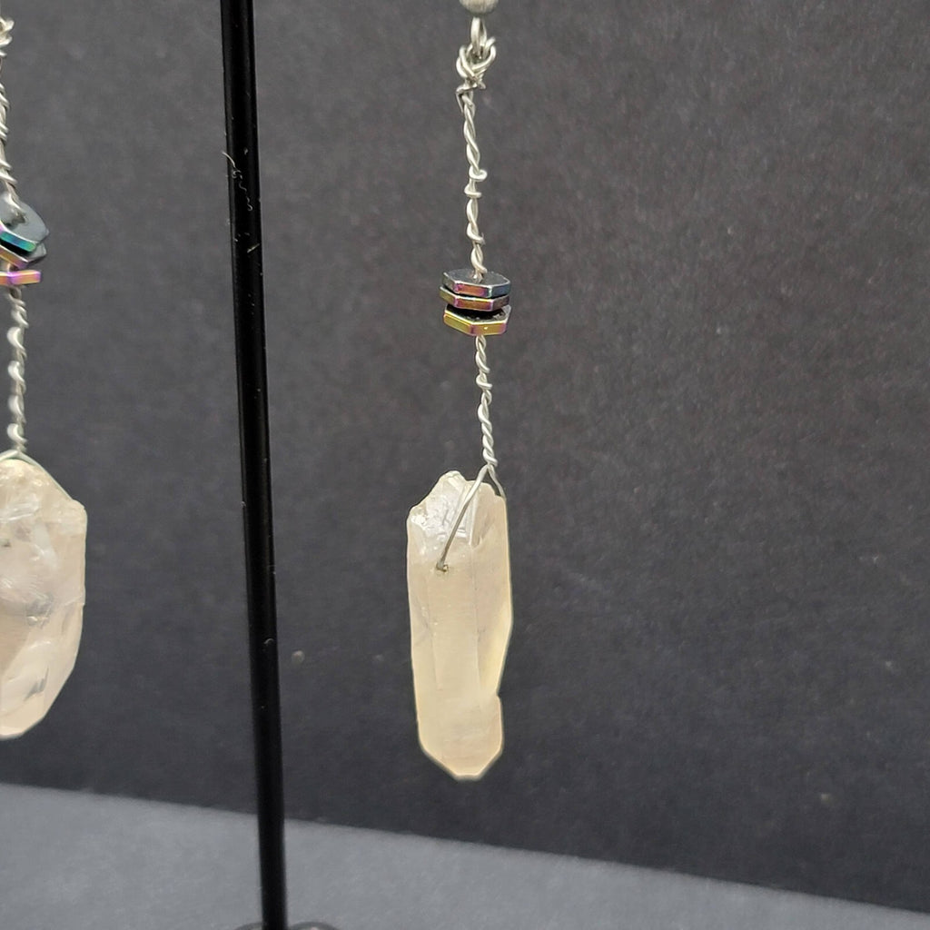 Artisan Crystal Pierced Earrings Boho Witchy Natural Dangle 2.75"