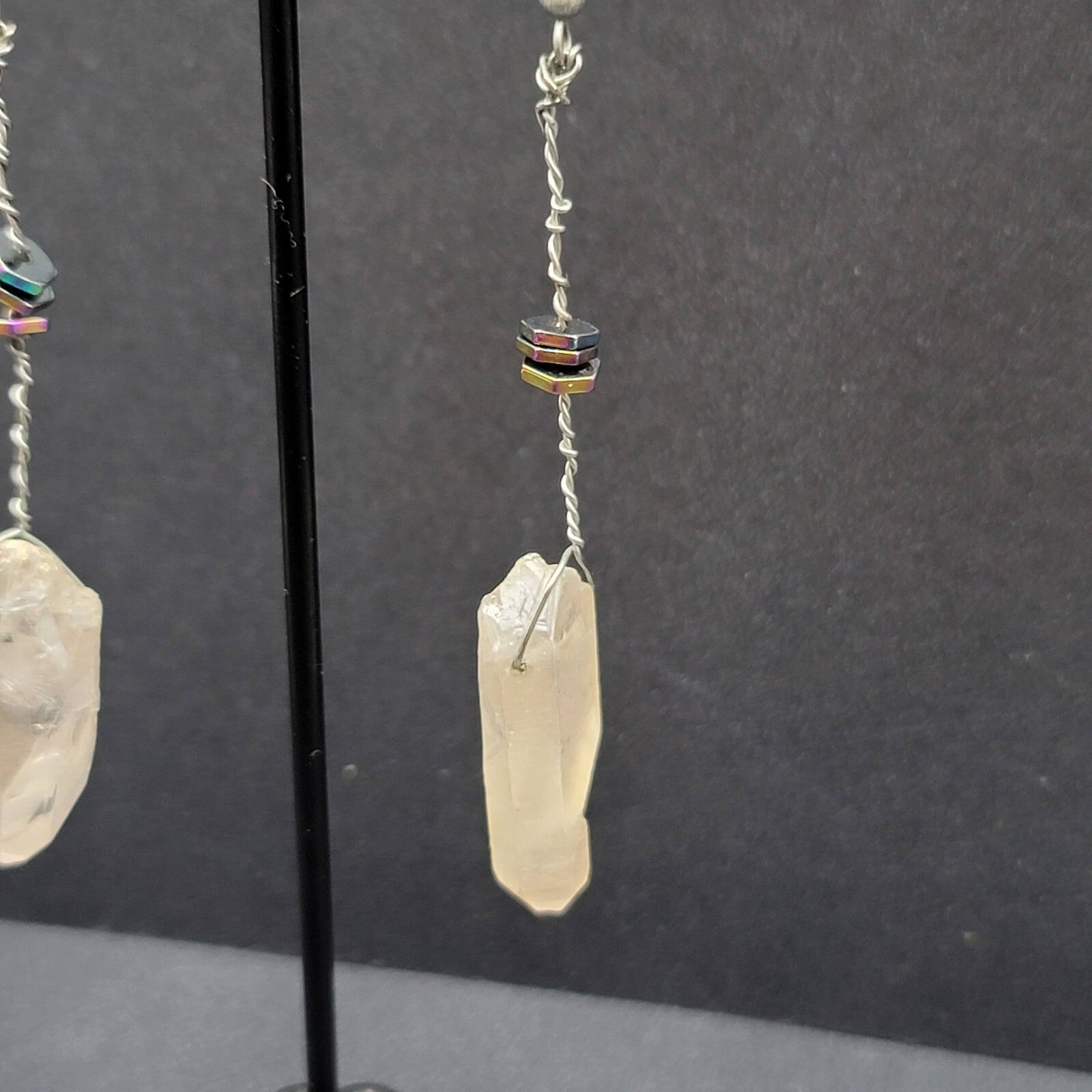 Artisan Crystal Pierced Earrings Boho Witchy Natural Dangle 2.75"