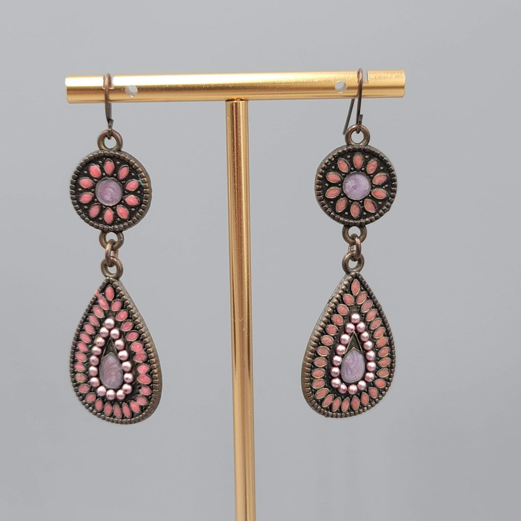 Enamel Teardrop Double Medallion Pierced Earrings Bronze tone Dangle 2 in