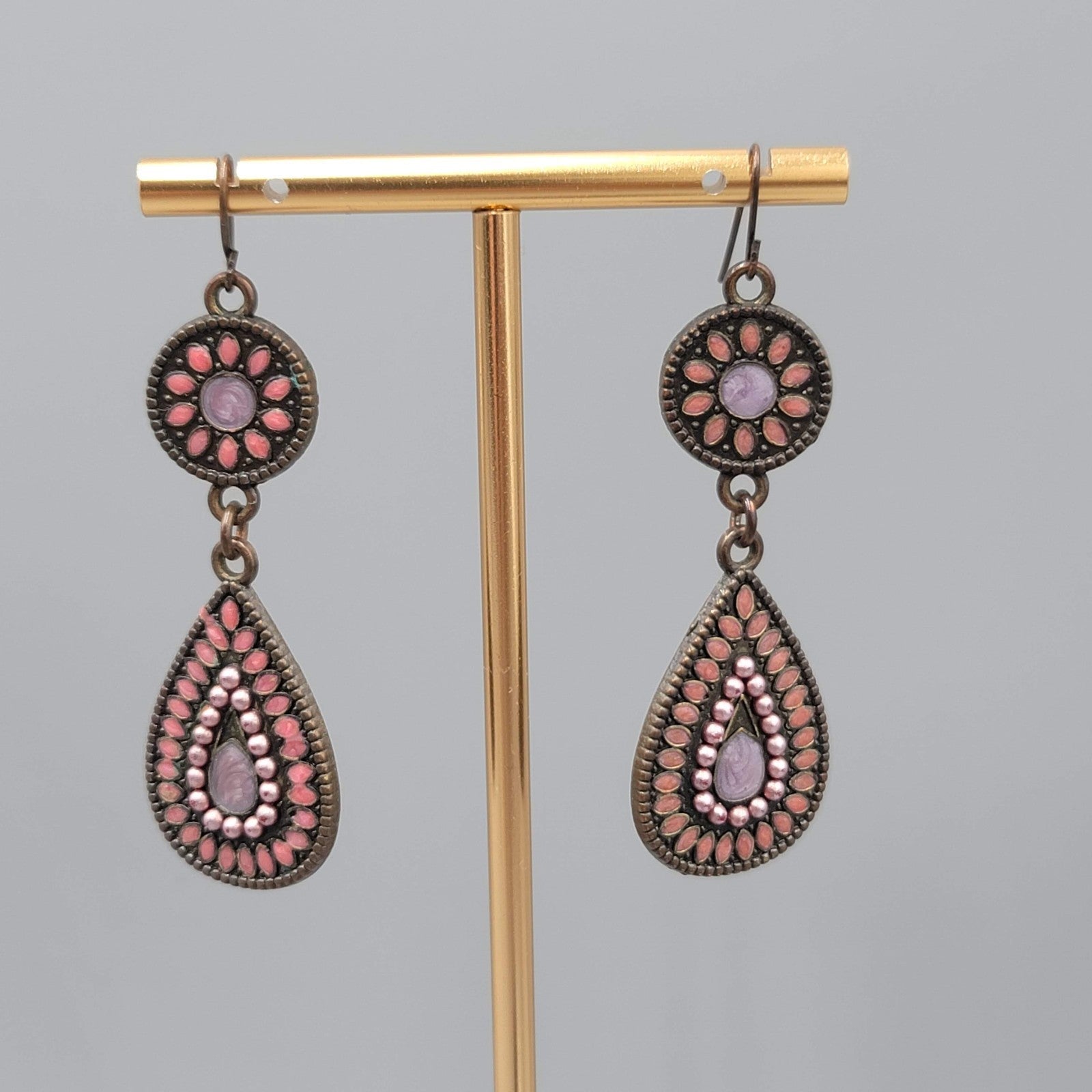 Enamel Teardrop Double Medallion Pierced Earrings Bronze tone Dangle 2 in
