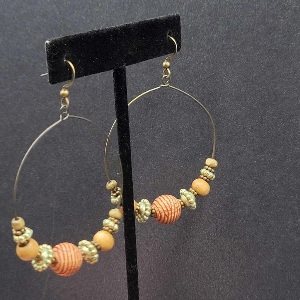 New Boho Pierced Earrings Gold tone Green Accent Wood Beaded Hoops 2"
