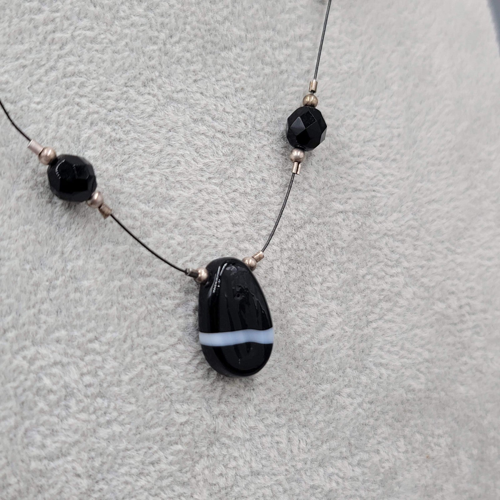 Black Glass Bead Station Necklace Silver tone 18"