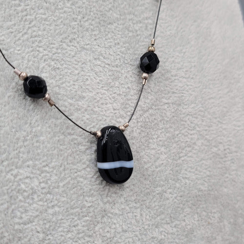 Black Glass Bead Station Necklace Silver tone 18"