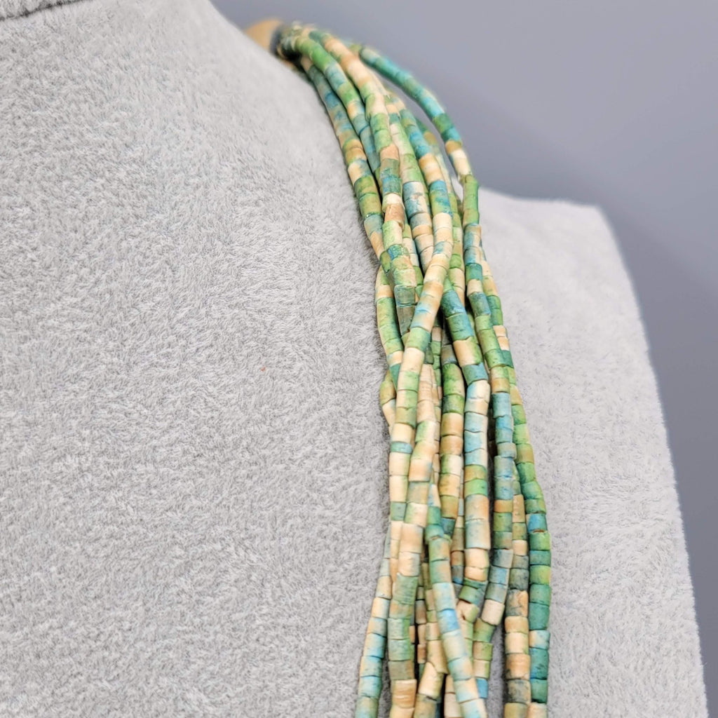 Multistrand Green Tan Bead Necklace Coconut Button Closure Adj 18"-20"