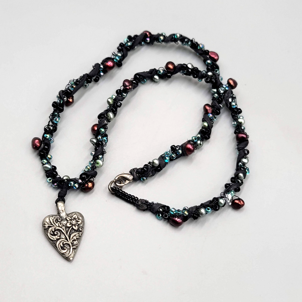 Artisan Heart Pendant Necklace Pearls Glass Bead 20"