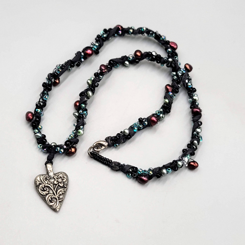 Artisan Heart Pendant Necklace Pearls Glass Bead 20"
