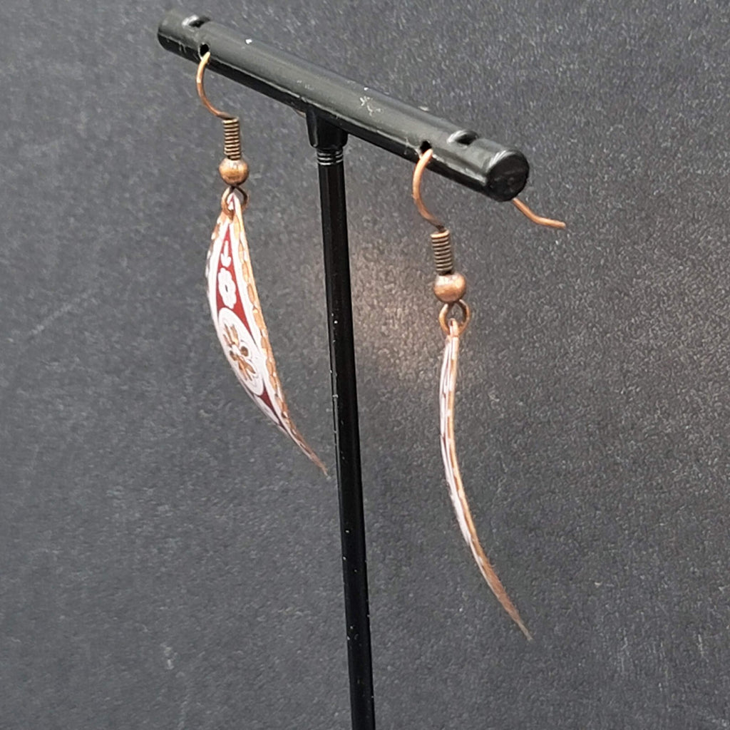 Pierced Earrings Copper Laser Cut Red White Design Dangle 1.5"