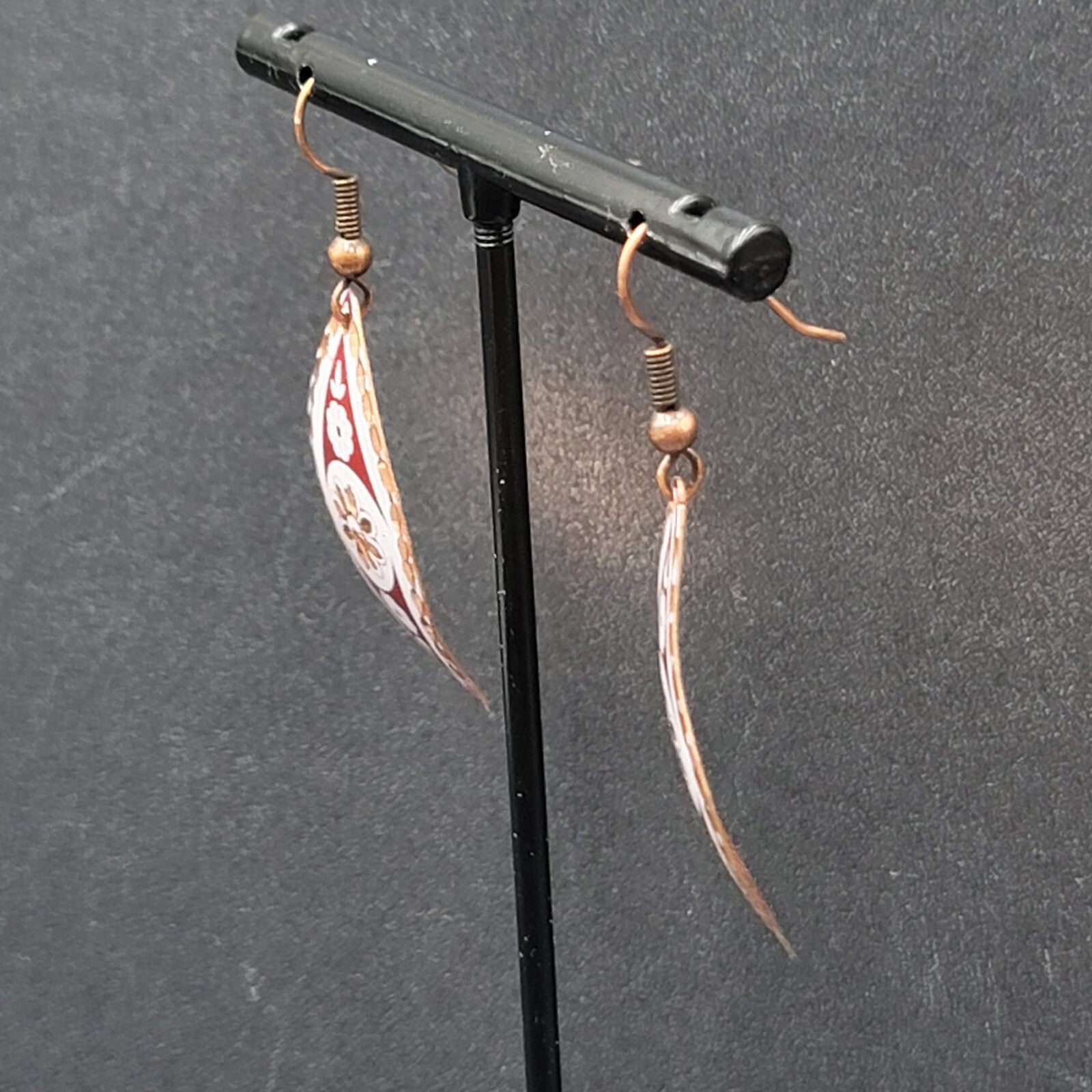 Pierced Earrings Copper Laser Cut Red White Design Dangle 1.5"