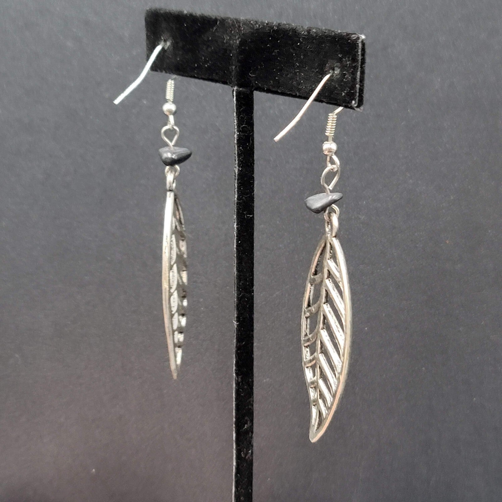 Pierced Earrings Open Work Leaf Black Stone Bead Dangle Long 2.25"