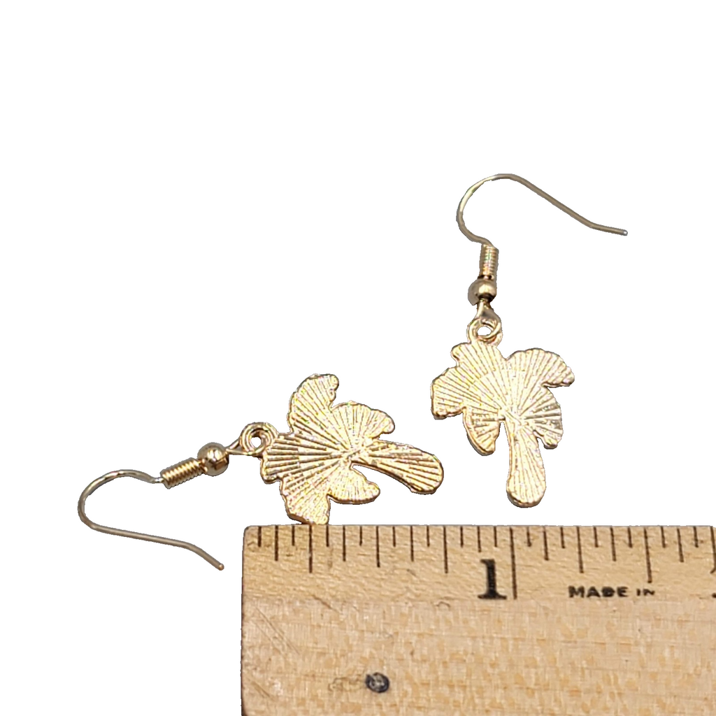 Enamel Palm Tree Pierced Earrings Gold tone Dangle Brown Trunk 3/4"