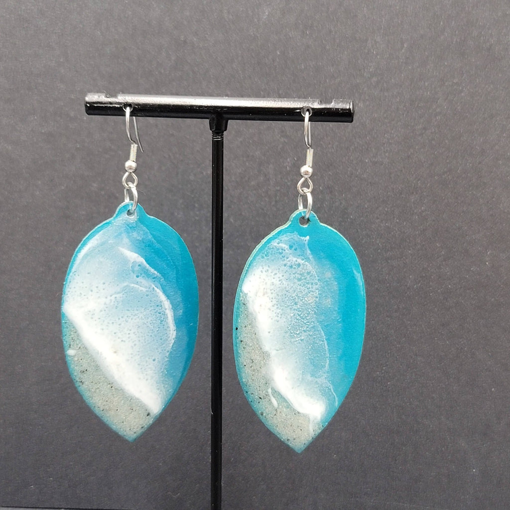 Pierced Earrings Silver tone Resin on Wood Ocean Beach Scene Large Dangle 2.5"