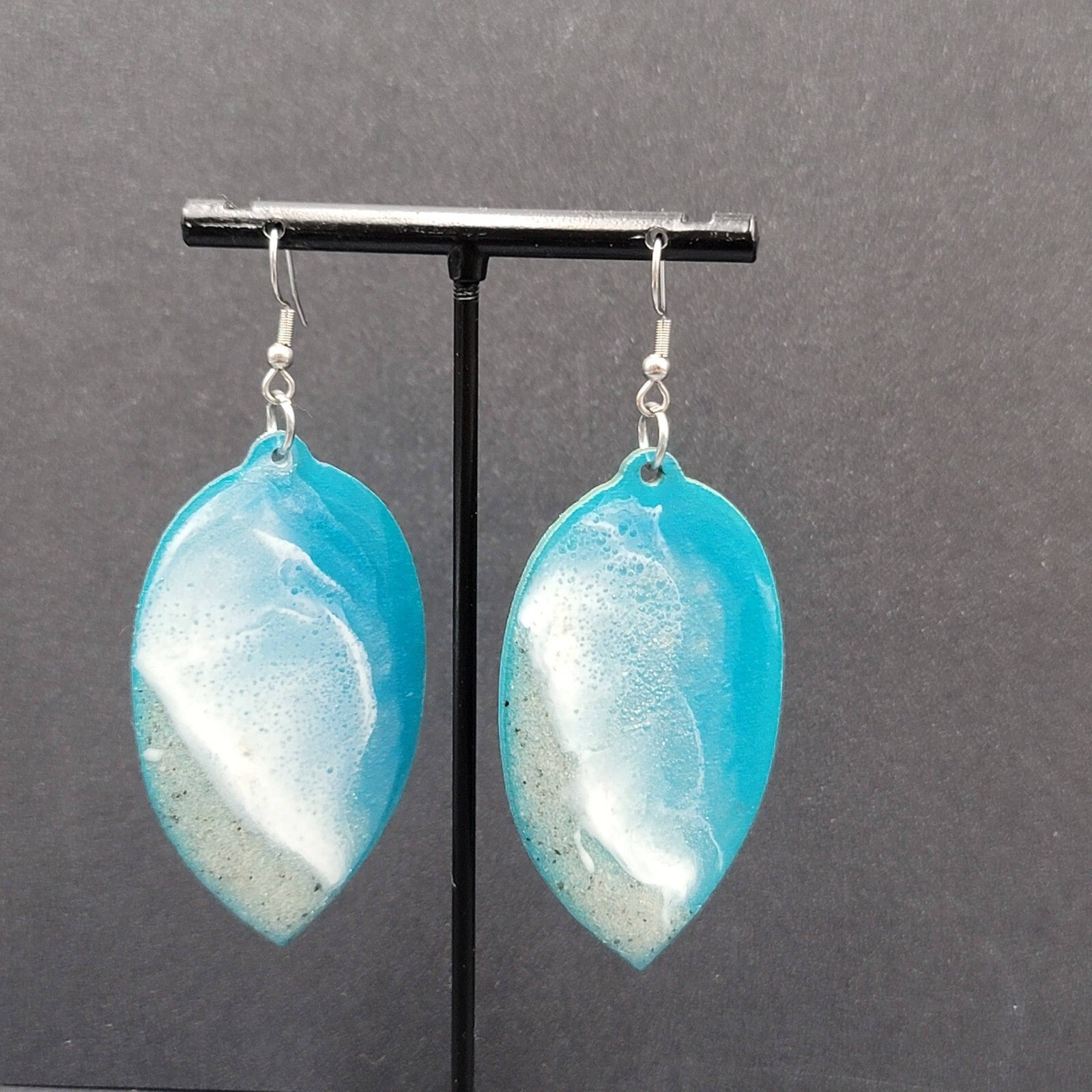 Pierced Earrings Silver tone Resin on Wood Ocean Beach Scene Large Dangle 2.5"