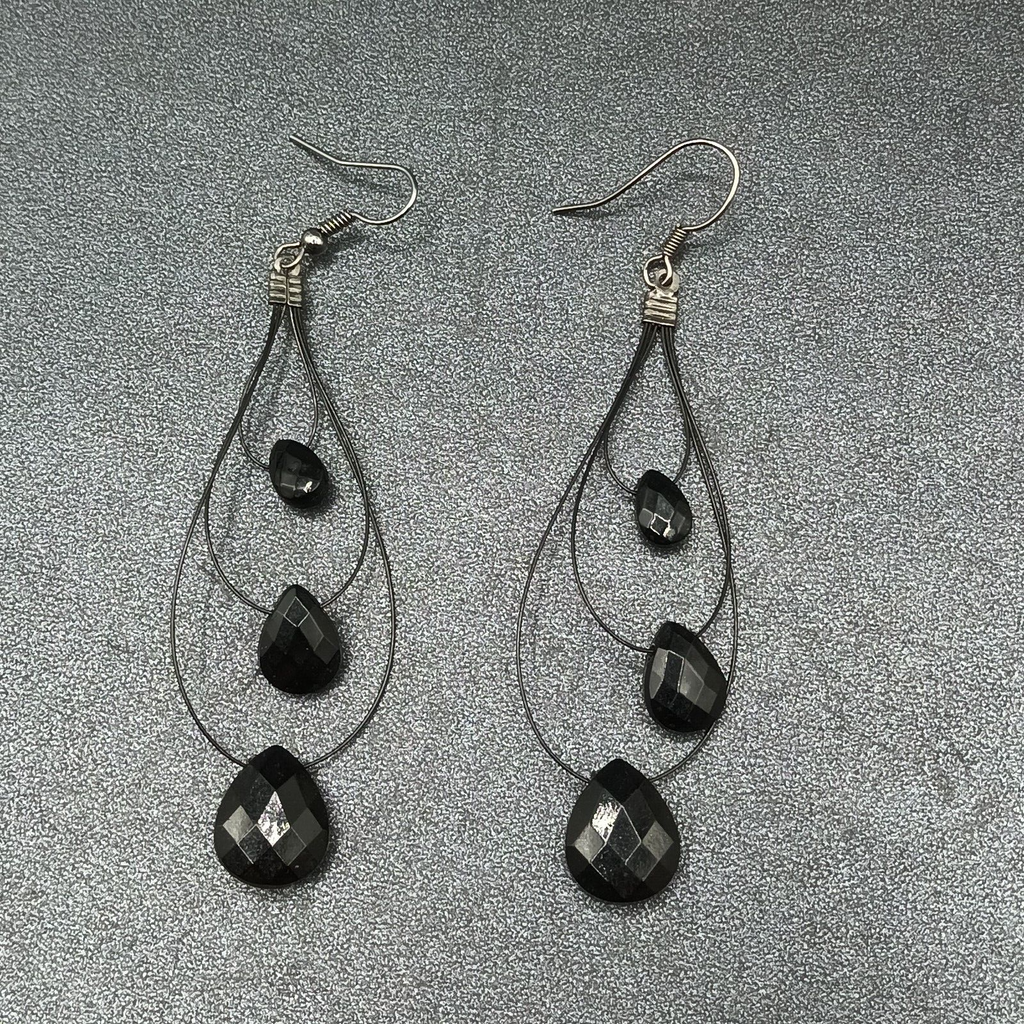 Pierced Earrings Black Plastic Loop Faceted Acrylic Teardrop Bead Dangle 2 3/4"