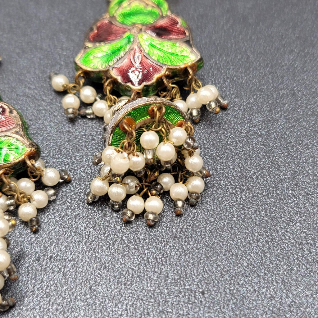 Clip on Earrings Large Enamel Guilloche Beaded Chandelier India Jewelry 2.75"