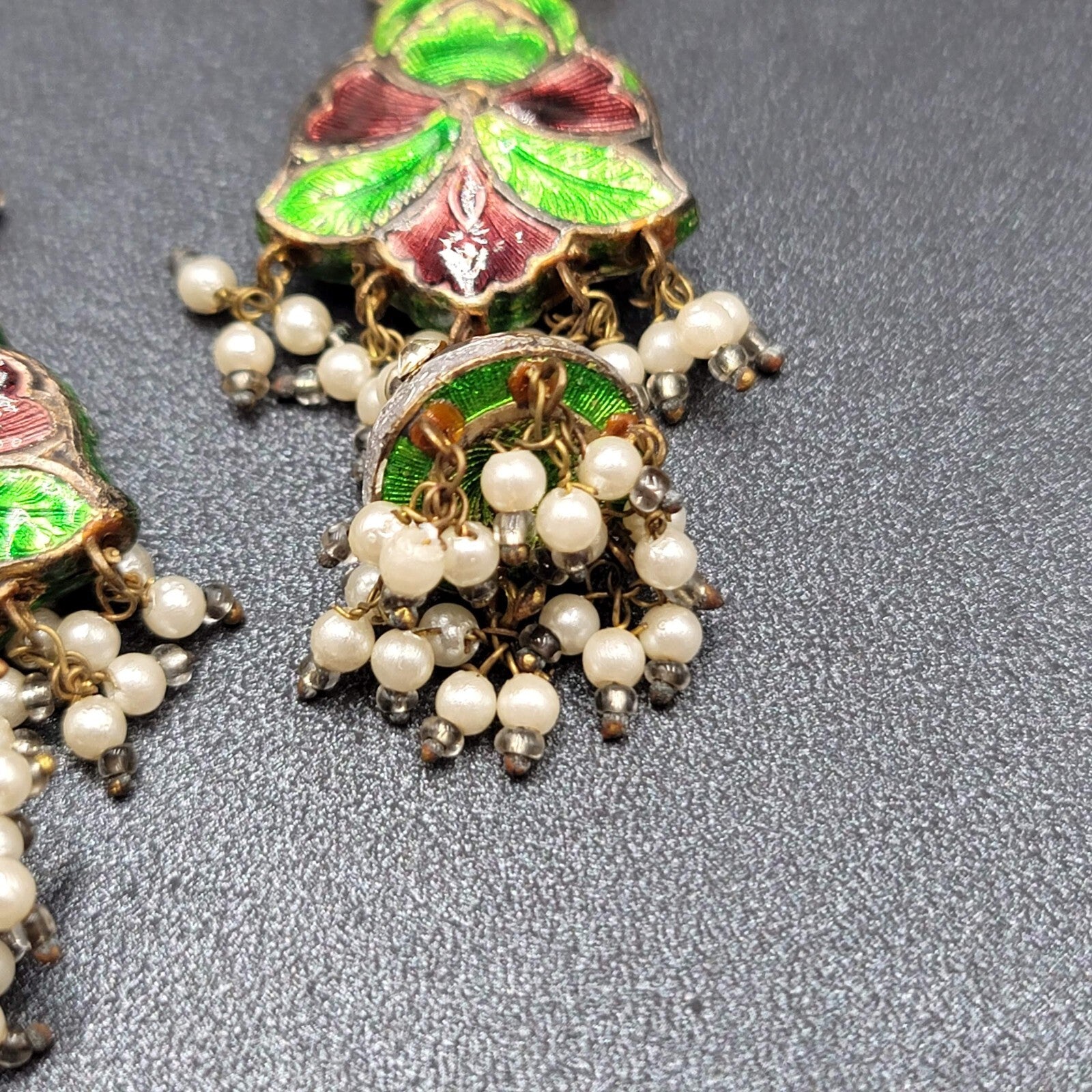 Clip on Earrings Large Enamel Guilloche Beaded Chandelier India Jewelry 2.75"