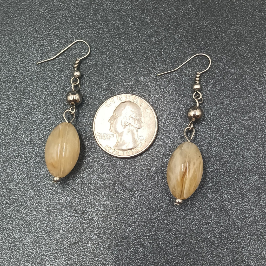 Pierced Earrings Silver tone Tan Swirl Acrylic Bead Dangle 1.5"