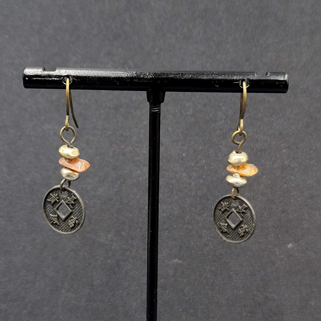 Pierced Earrings Beaded Asian Coin Dangle 1"