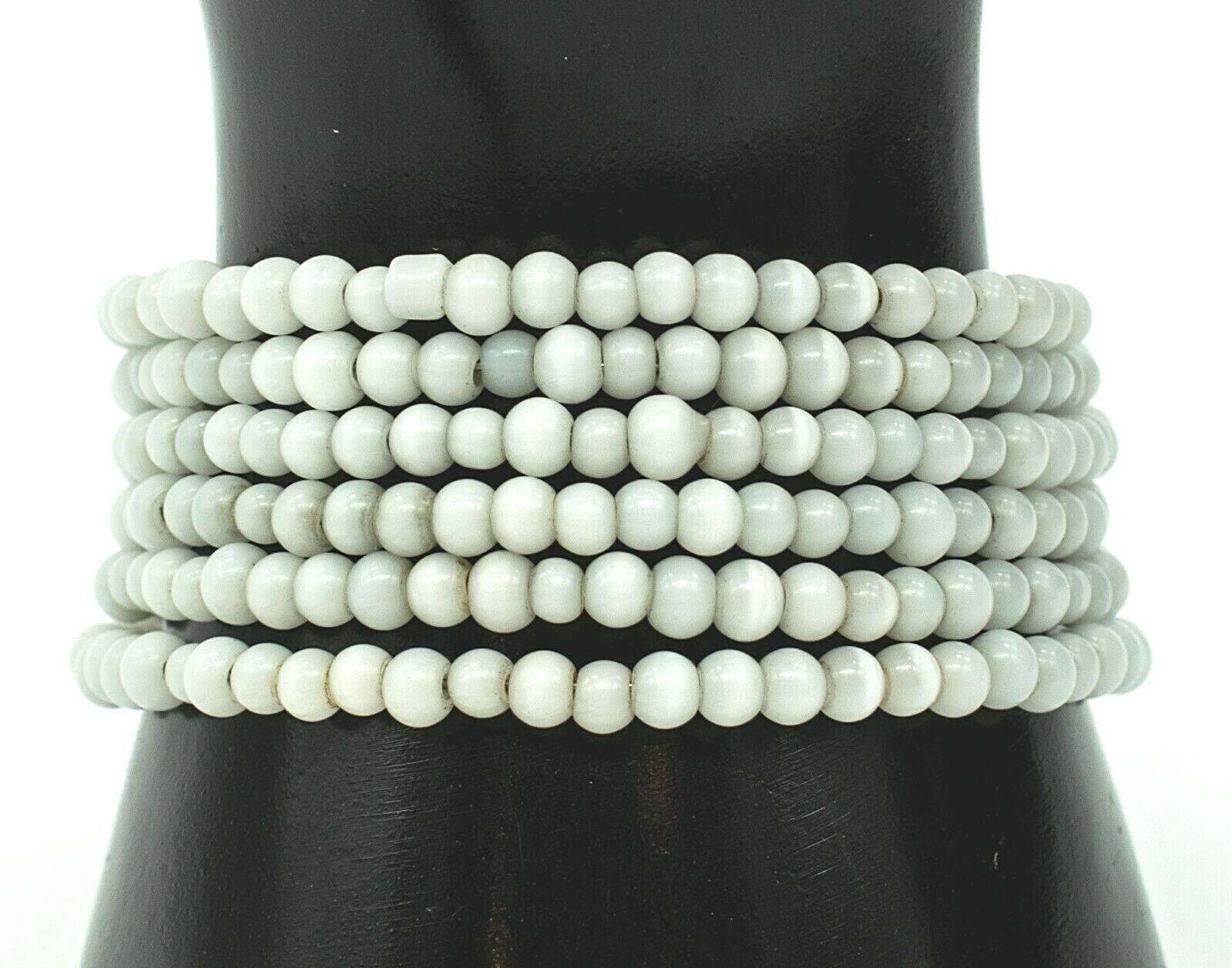 Vintage White Cat's Eye Beads Memory Wire Bracelet Estate Costume Jewelry 