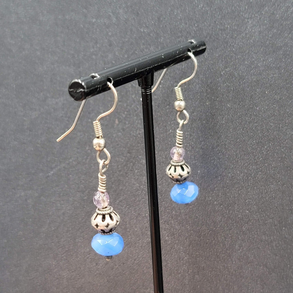 Pierced Earrings Silver tone Blue Glass Faceted Bead Dangle 1"