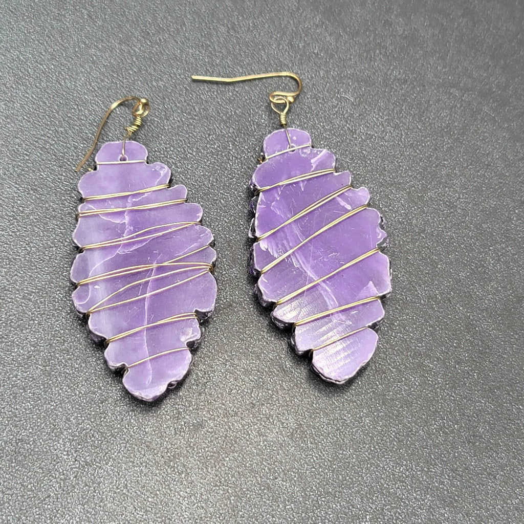 Artisan Pierced Earrings Wire Wrapped Purple Stone Dangle 2"