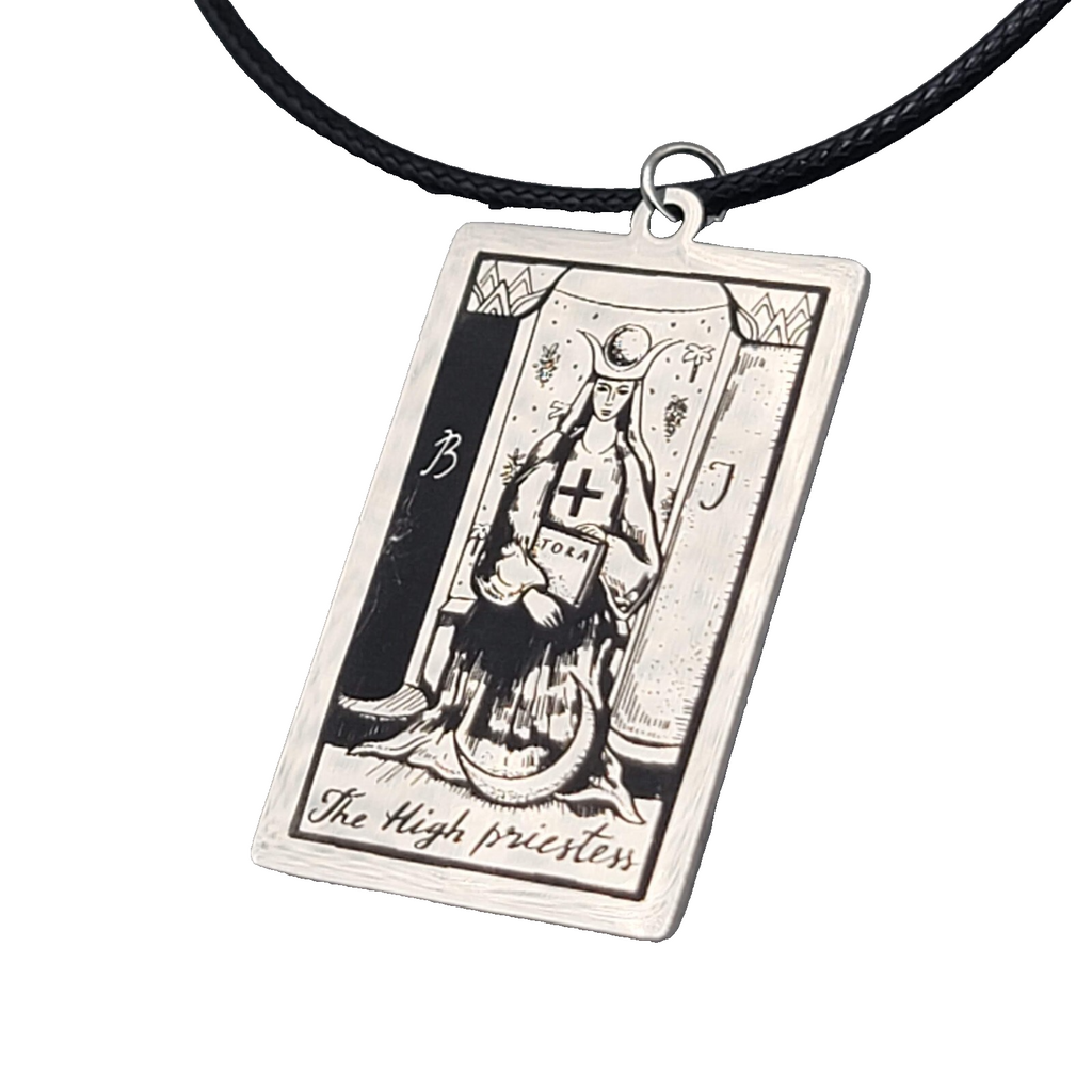 The HIGH PRIESTESS Tarot Card Pendant Necklace Major Arcana Silvertone Black 18"