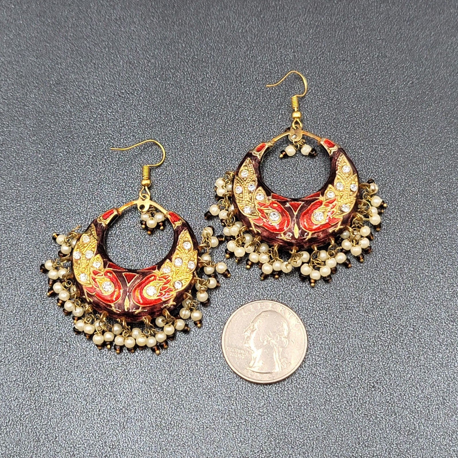 Pierced Earrings Ethnic Gold tone Red Green Beaded 1.75"