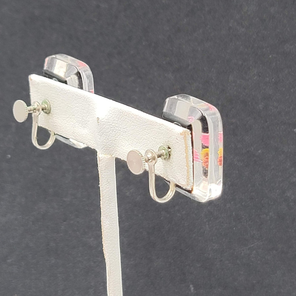 Vintage Clip on Earrings Reverse Carved Lucite Flower Drop 7/8"