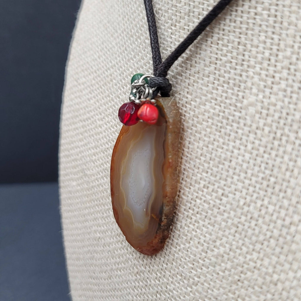 Banded Agate Geode Slice Pendant Necklace Beads Black Cord 15"-18"