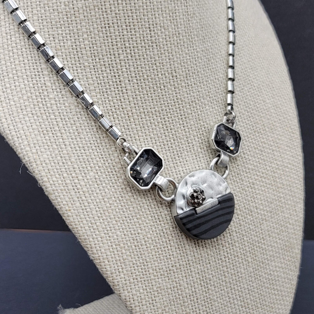 Silver tone Necklace Signed Unknown Brand Gray Black Glass Accents 17" - 19.5"